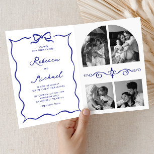 Blue Hand Drawn Bow QR Code Photo Wedding Invitation