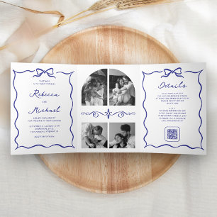 Blue Hand Drawn Bow QR Code Photo Wedding Tri-Fold Invitation