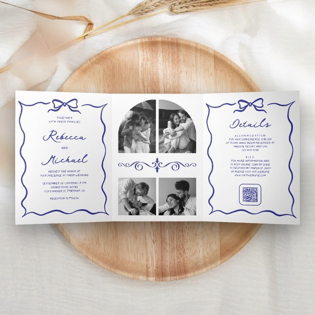 Blue Hand Drawn Bow QR Code Photo Wedding Tri-Fold Invitation (Creator Uploaded)