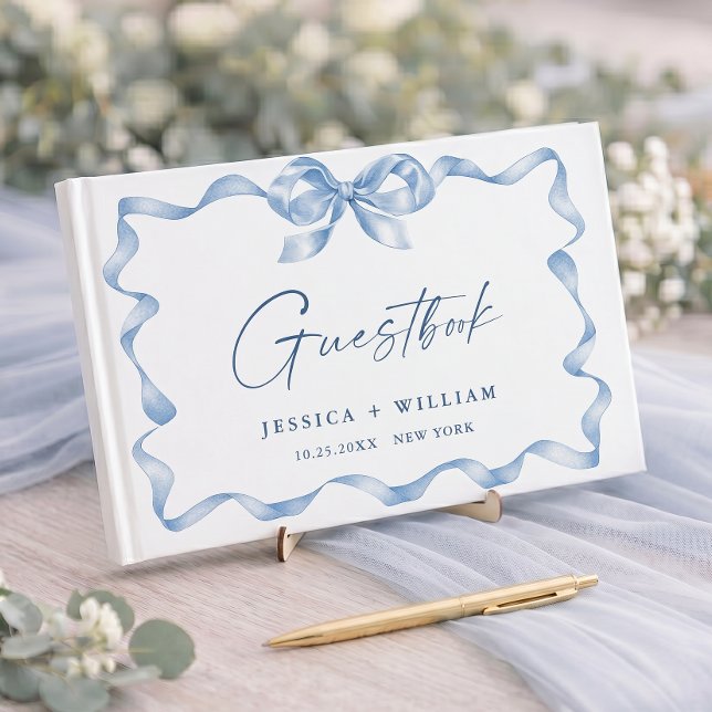 Blue Hand Drawn Bow Ribbon Wedding Guest Book (Creator Uploaded)