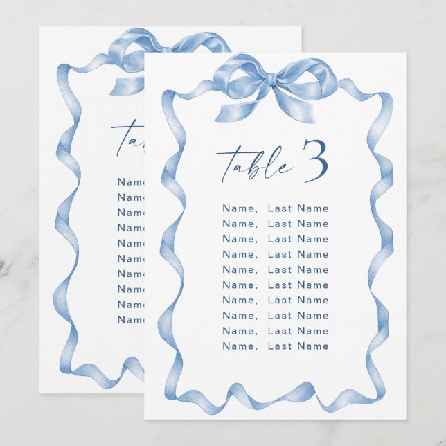Blue Hand Drawn Bow Wedding Seating Chart Card (Front/Back)
