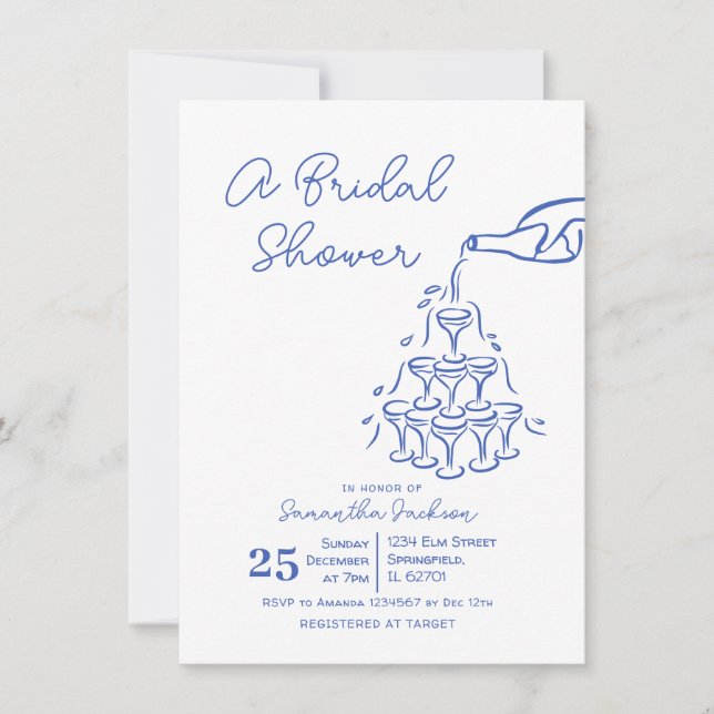 Blue Hand-Drawn Champagne Tower Bridal Shower Invitation (Front)