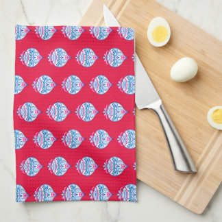 Blue hand drawn Christmas ornaments on bright red  Tea Towel