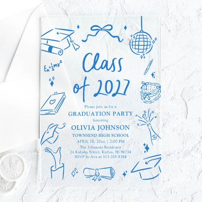 Blue Hand Drawn Class of 2027 Graduation Party Acrylic Invitations (Creator Uploaded)