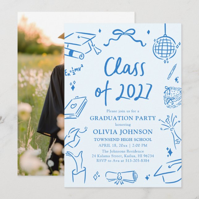 Blue Hand Drawn Class of 2027 Graduation Party Invitation (Front/Back)