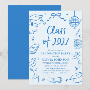 Blue Hand Drawn Class of 2027 Graduation Party Invitation