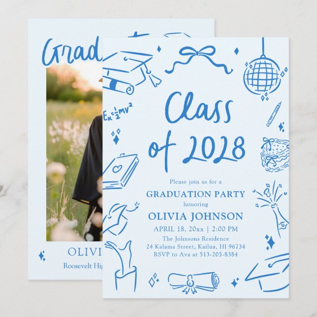 Blue Hand Drawn Class of 2028 Graduation Party Invitation (Front/Back)
