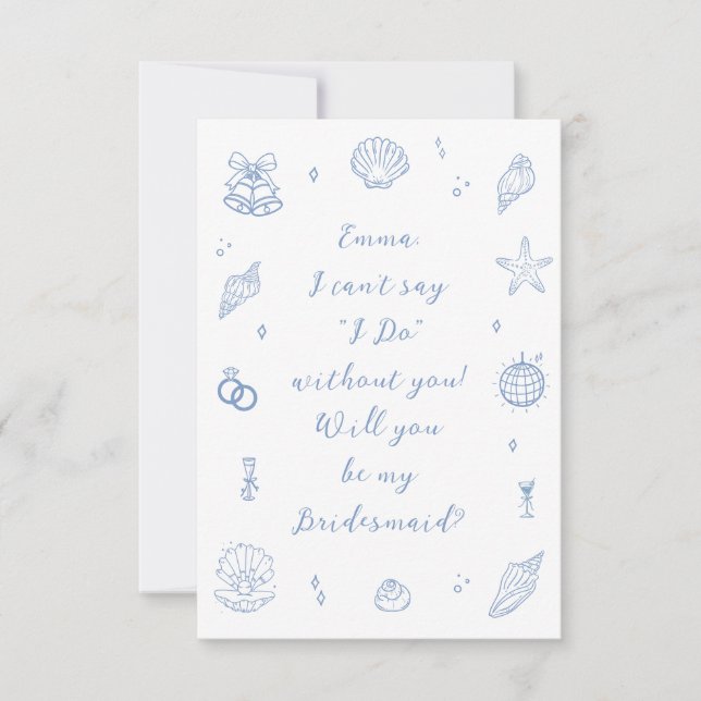Blue Hand Drawn Coastal Bridesmaid Proposal Card (Front)