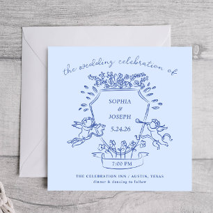 Blue Hand Drawn Crest with Cherubs Wedding Invitation