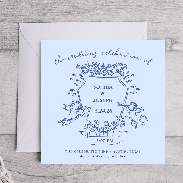 Blue Hand Drawn Crest with Cherubs | Wedding Invitation (Creator Uploaded)