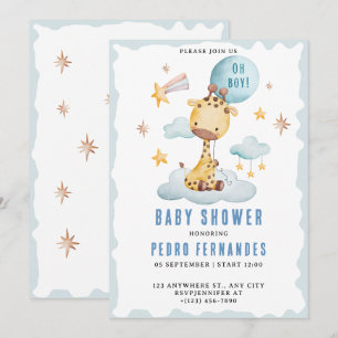 Blue Hand Drawn Cute Giraffe Balloons Baby Shower Invitation