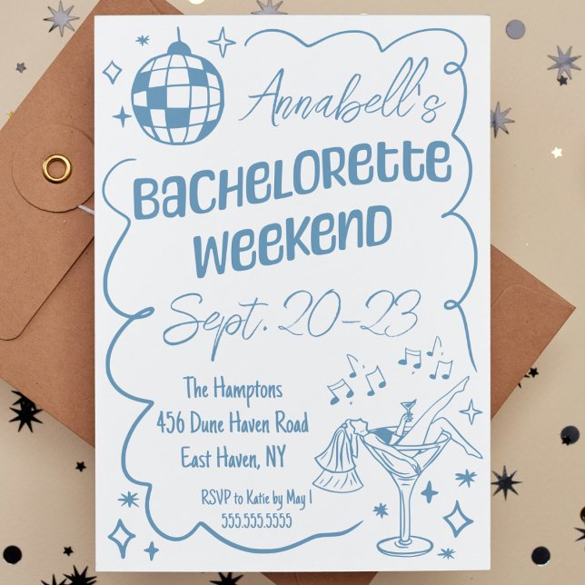 Blue Hand Drawn Disco Bachelorette Party Weekend Invitation (blue bachelorette party weekend invitation hand drawn disco cocktail modern weekend itinerary cute)