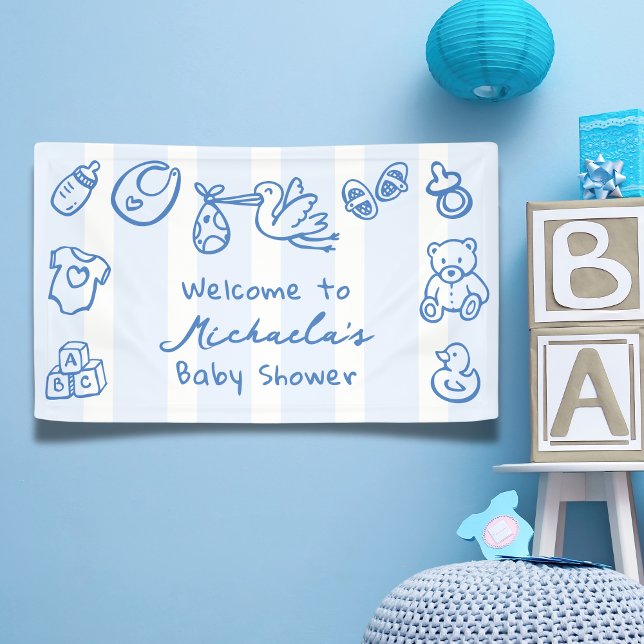 Blue Hand Drawn Doodle Whimsical Baby Shower Banner (Creator Uploaded)