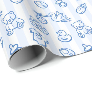 Blue Hand Drawn Doodle Whimsical Baby Shower Wrapping Paper