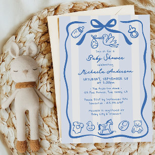Blue Hand Drawn Doodle Whimsical Boy Baby Shower Invitation