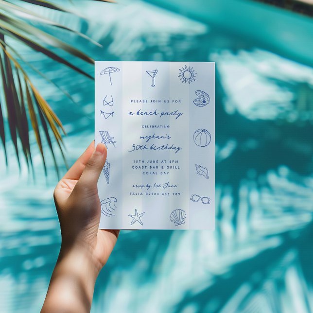Blue Hand Drawn Doodles Birthday Beach Party Invitation (Creator Uploaded)
