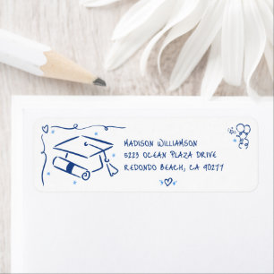 Blue Hand Drawn Doodles Graduate Cap White Address