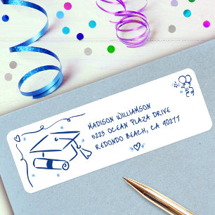 Blue Hand Drawn Doodles Graduate Cap White Address