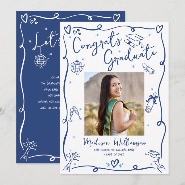 Blue Hand Drawn Doodles Graduate Photo White Retro Announcement (Front/Back)