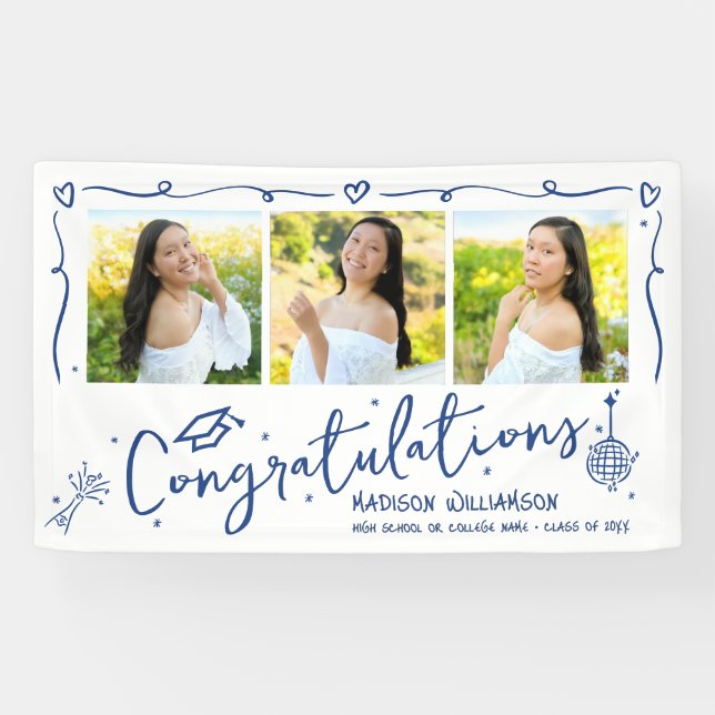 Blue Hand Drawn Doodles Graduation 3 Photo White Banner (Horizontal)