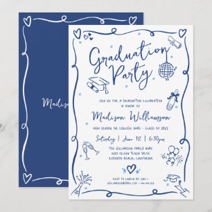 Blue Hand Drawn Doodles Graduation Fun White Party Invitation