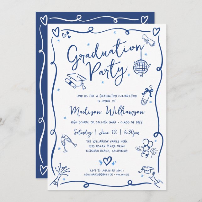 Blue Hand Drawn Doodles Graduation Fun White Party Invitation (Front/Back)