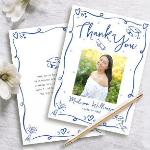 Blue Hand Drawn Doodles Photo Graduate White Retro Thank You Card