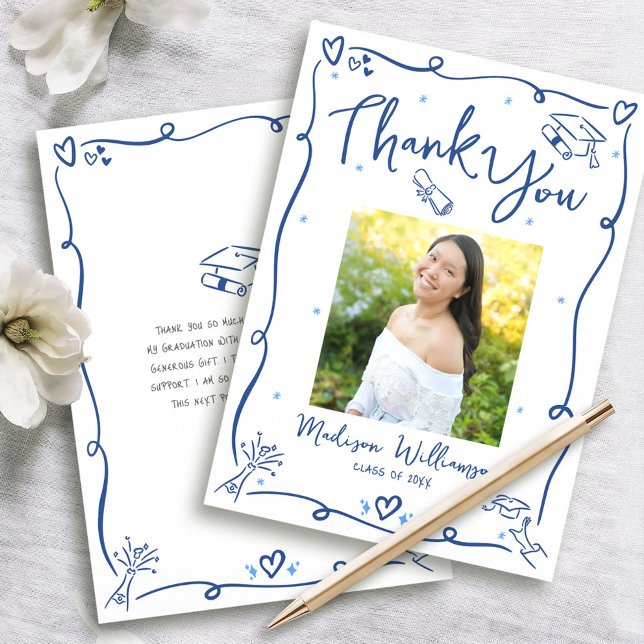 Blue Hand Drawn Doodles Photo Graduate White Retro Thank You Card (Creator Uploaded)