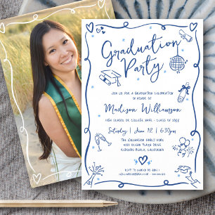 Blue Hand Drawn Doodles Photo Graduation Party Invitation