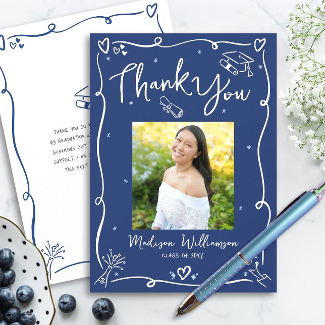 Blue Hand Drawn Doodles Photo Graduation Quirky Thank You Card (Creator Uploaded)