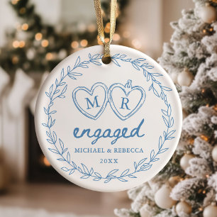 Blue Hand Drawn Engaged Christmas Ceramic Tree Decoration