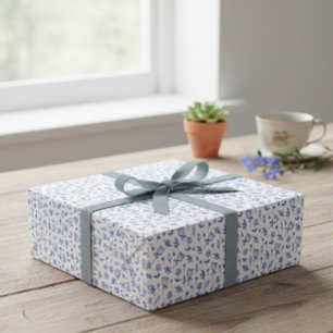 Blue Hand-Drawn Floral and Foliage Line Art Gift Wrapping Paper