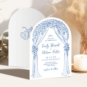Blue Hand Drawn Floral Arch Whimsical Wedding Invitation
