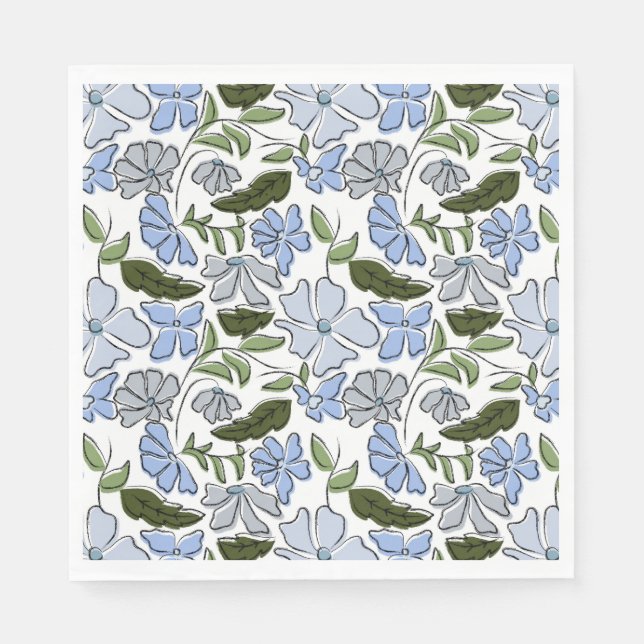 Blue Hand Drawn Floral Block Print Napkin (Front)