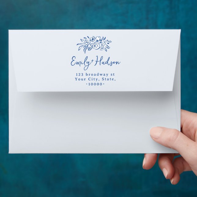 Blue Hand Drawn Floral Whimsical Return Address Envelope (Hand)