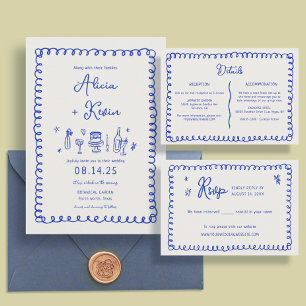 Blue Hand Drawn French Fun Wedding Invitations