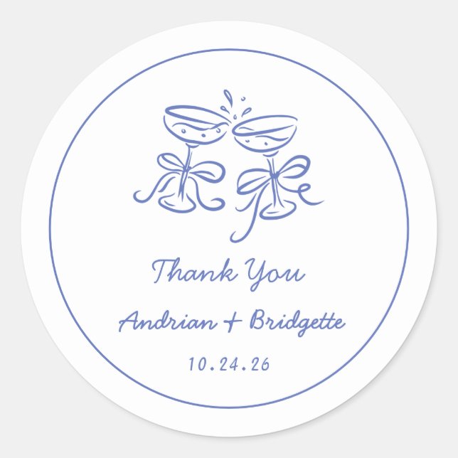 Blue Hand Drawn Handwritten Wedding Round Sticker (Front)