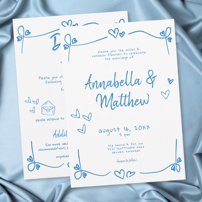 Blue Hand Drawn Heart Whimsical Modern Wedding  Invitation (Blue Hand Drawn Heart Whimsical Modern Wedding Invitation)