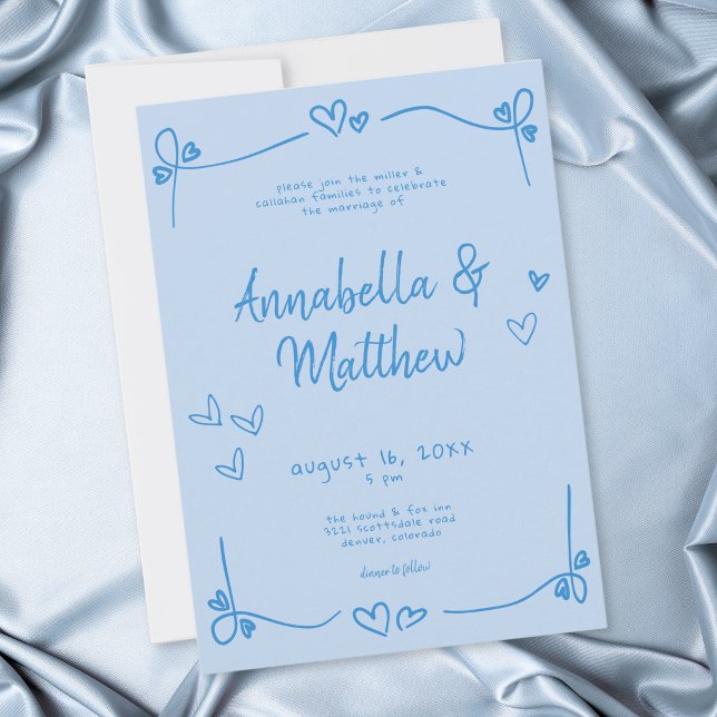 Blue Hand Drawn Heart Whimsical Modern Wedding  Invitation (Blue Hand Drawn Heart Whimsical Modern Wedding Invitation)