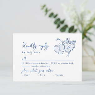 Blue Hand Drawn Hearts Monogram Whimsical Wedding RSVP Card