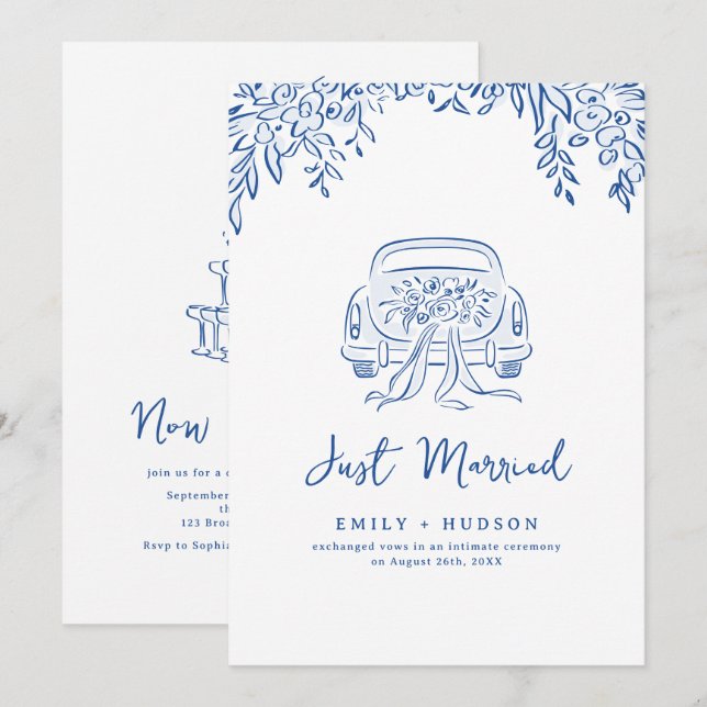 Blue Hand Drawn Just Married Car Whimsical  Invitation (Front/Back)