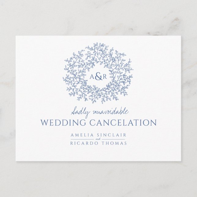 Blue hand drawn leaf monogram wedding cancellation announcement postcard (Front)