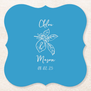 Blue Hand Drawn Lemon Wedding Paper Coaster