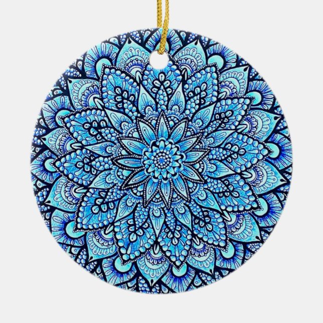Blue Hand Drawn Mandala Design Ceramic Tree Decoration (Front)