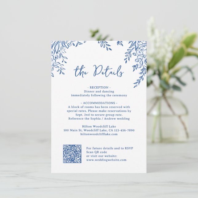 Blue Hand Drawn Monogram Whimsical Wedding Details Card (Standing Front)
