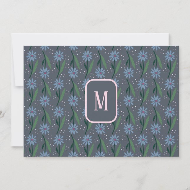 Blue Hand-Drawn Retro Daisy Monogram Card (Front)
