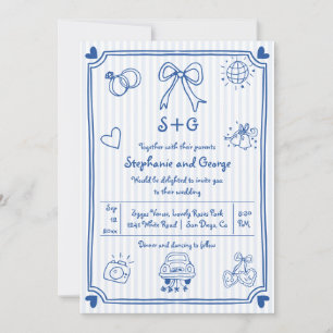 Blue hand drawn scribble doodle, stripes wedding Invitation