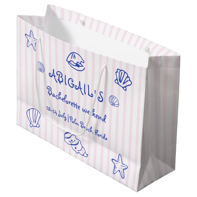 Blue hand drawn scribble sea shells bachelorette large gift bag (Front Angled)