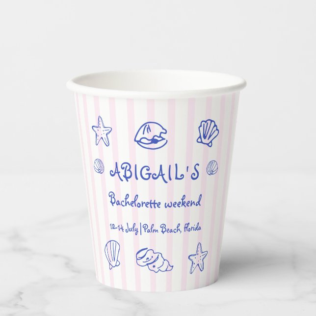 Blue hand drawn scribble sea shells bachelorette paper cups (Front)