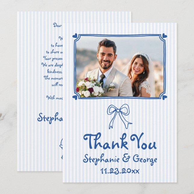 Blue hand drawn scribble whimsical photo wedding thank you card (Front/Back)
